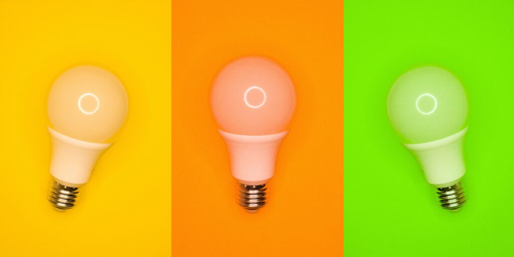 yellow, orange, and green light bulbs