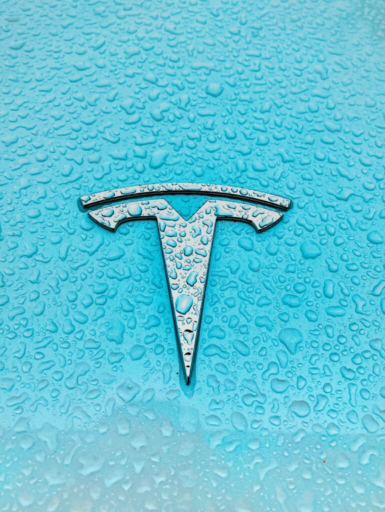 Tesla emblem with water spots